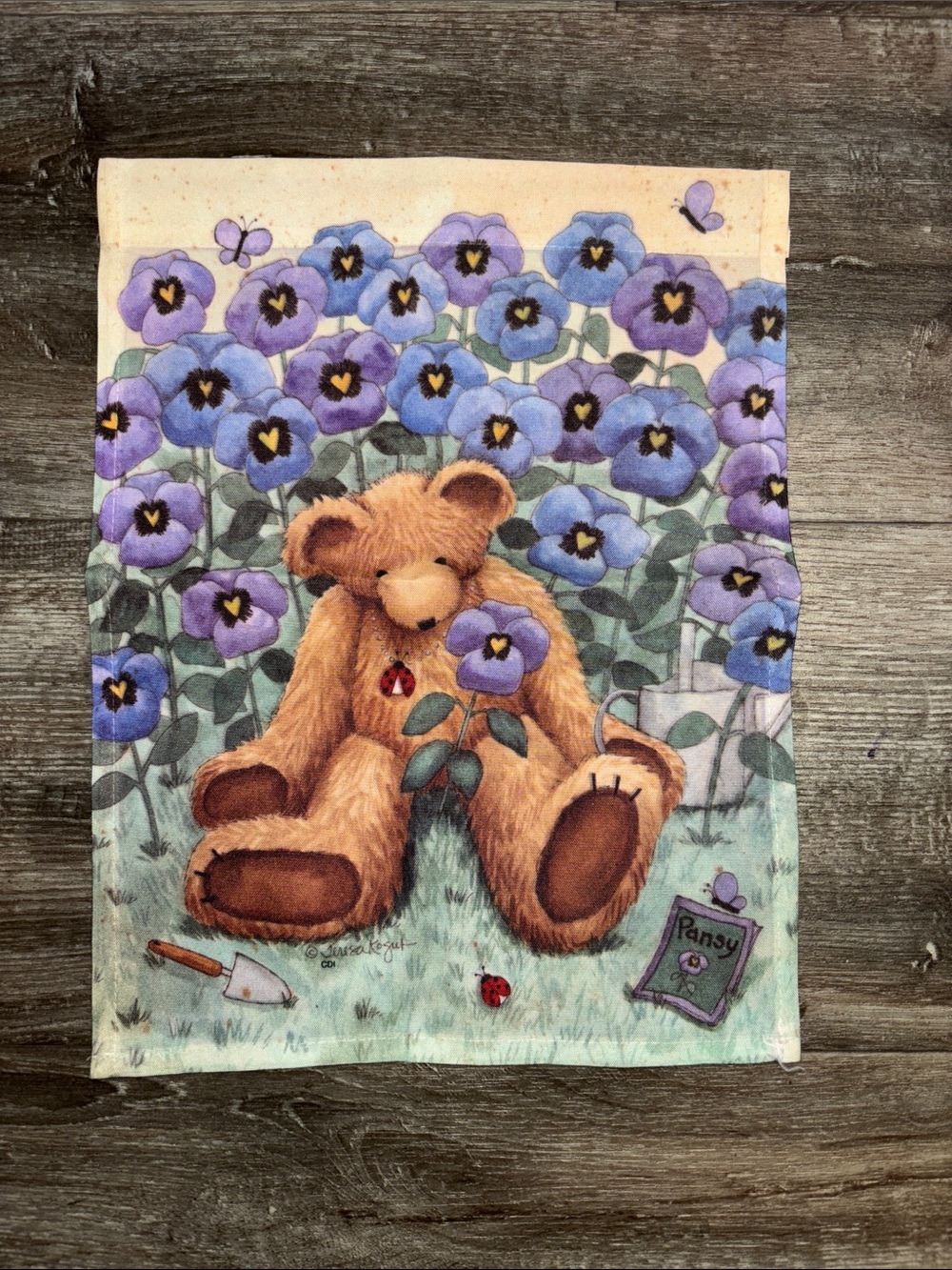 Teddy Bear & Pansy Garden Flag 11x14